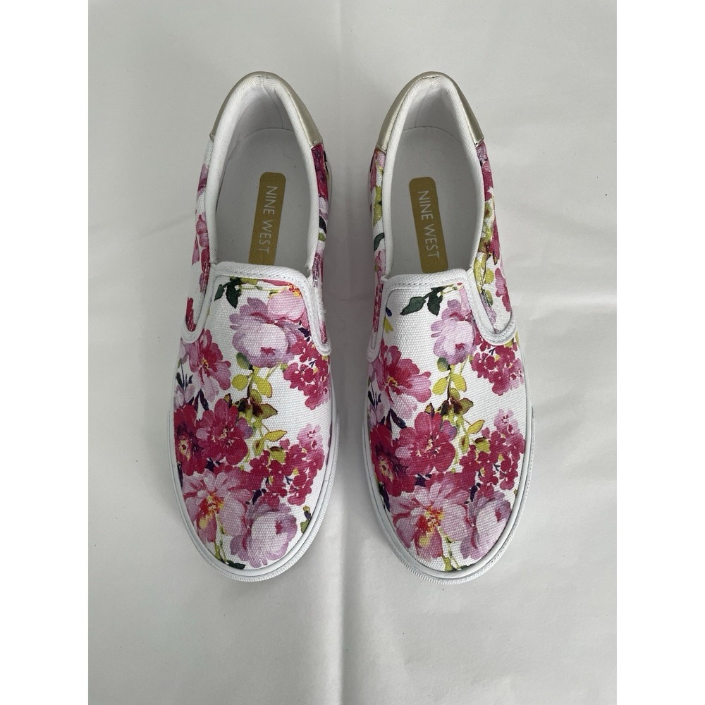 Nine West Floral Canvas Slip On Sneakers Pink Purple Gold Metallic Accent 7.5